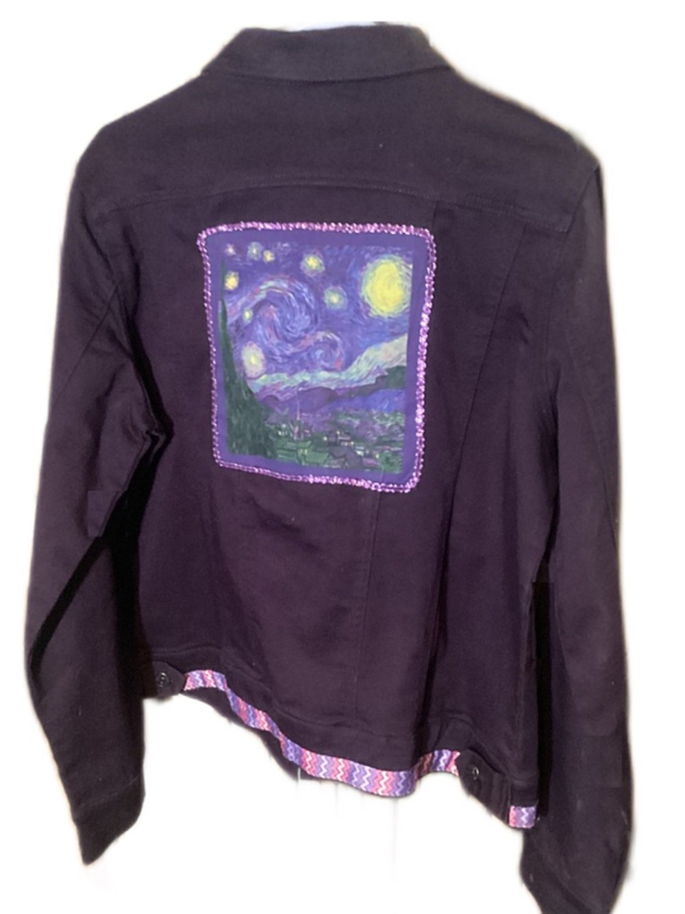 Burgundy Jean Jacket with Vincent Van Gogh Appliques - Starry Night
